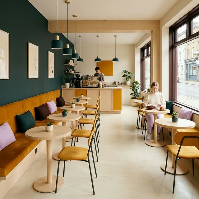 Overview of the café's modern and clean seating area