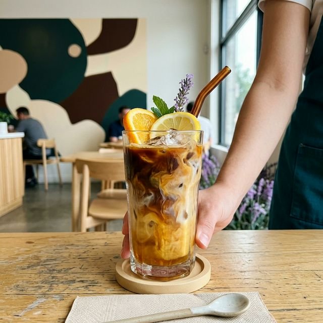 Refreshing Summer Spritz signature drink with espresso and vibrant citrus garnish