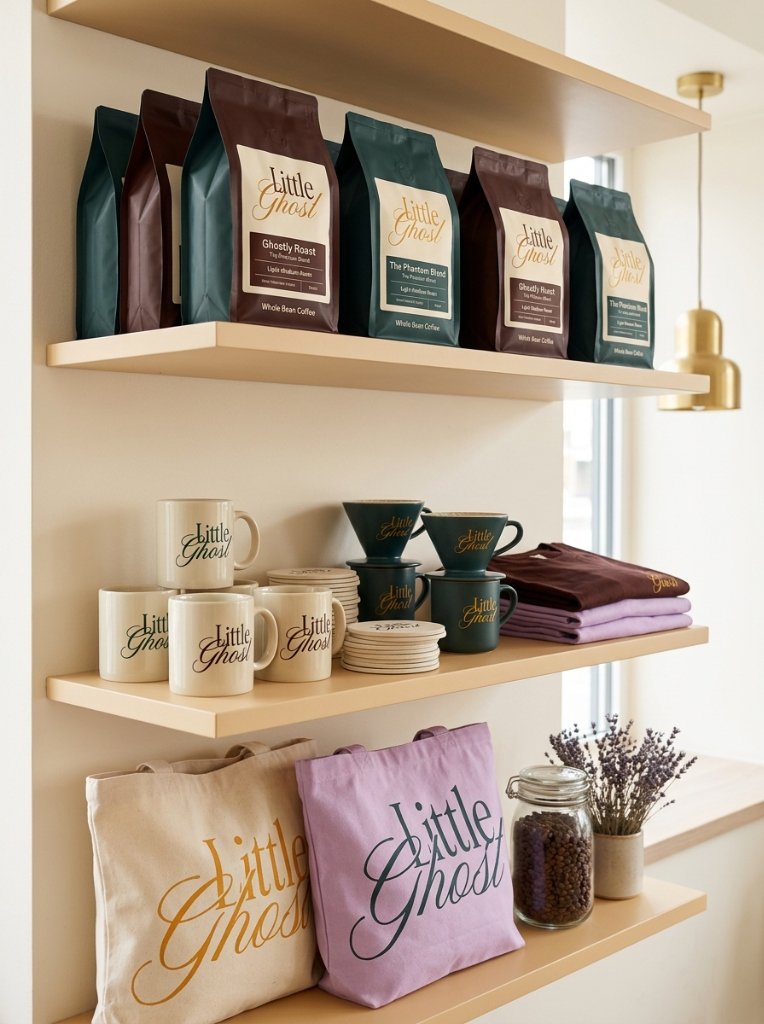 Display of Little Ghost Coffee bagged whole bean coffee and branded merchandise